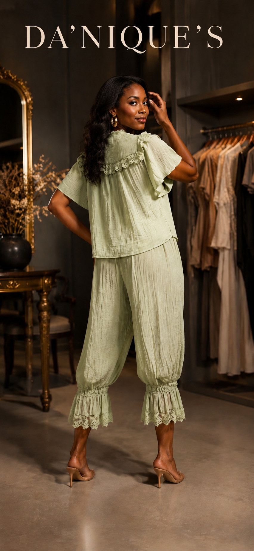 Set withMid-Length Matching Pants with Ruffled Bottom Sage