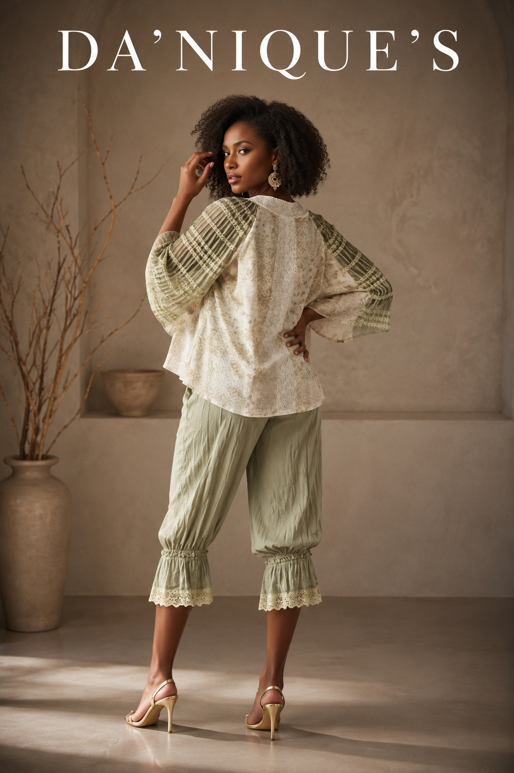 Woven Designed Top V-neck and Long Woven Bell Sleeves Sage