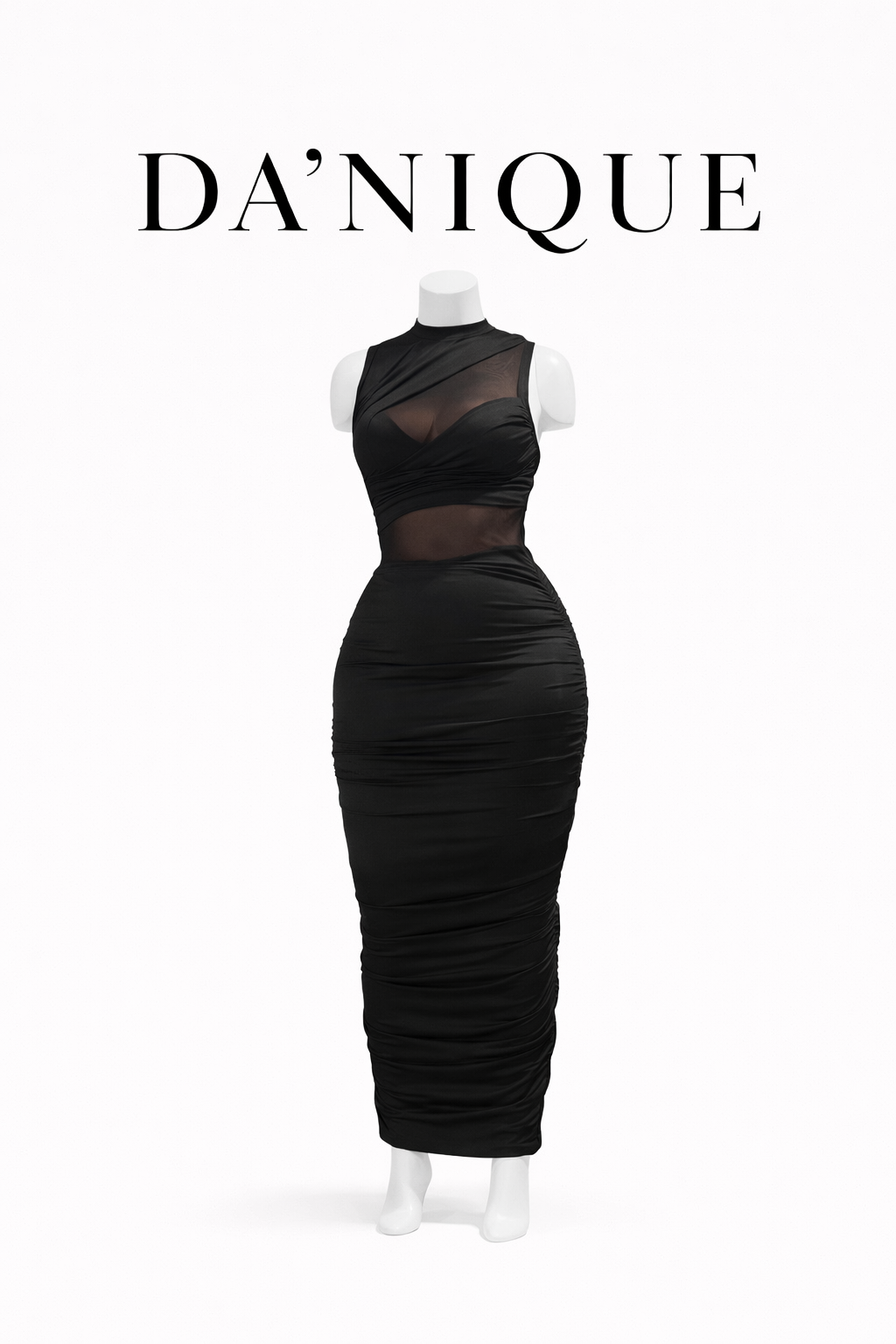Dress Midi Black Sheer Ruching Top Zipper Shoulder
