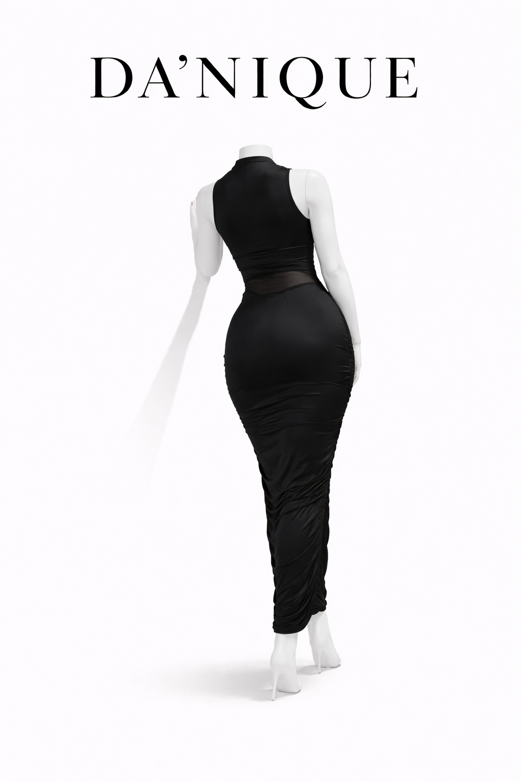Dress Midi Black Sheer Ruching Top Zipper Shoulder