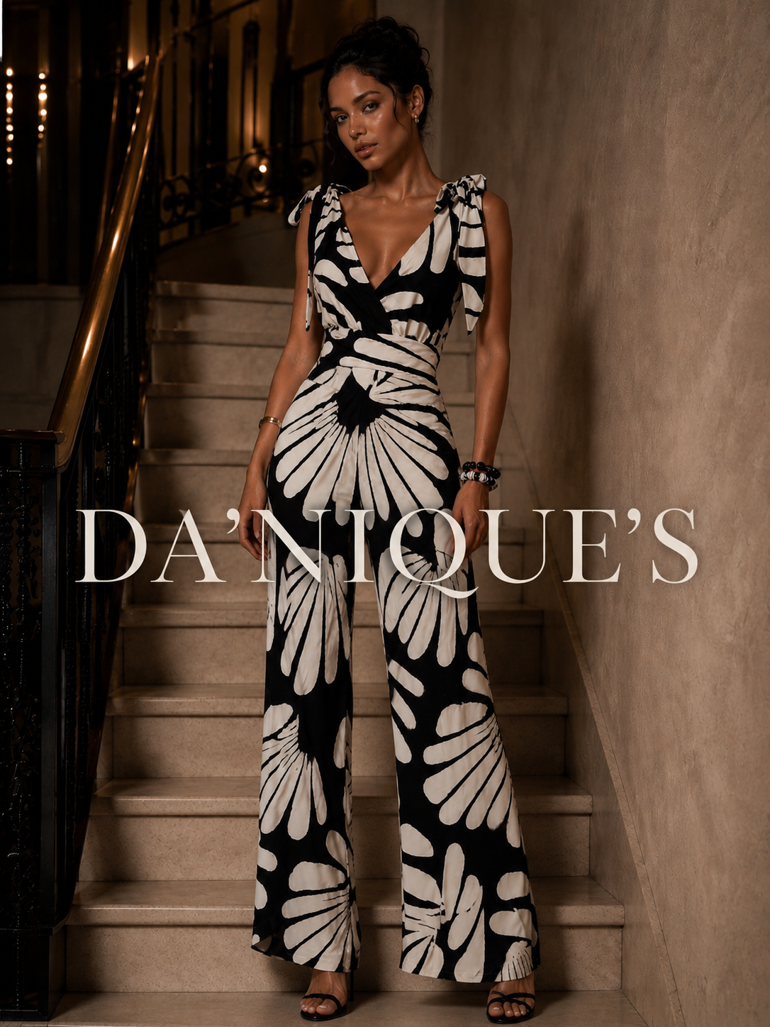Jumpsuit Black Cream Shell V Neck with Shoulder Straps