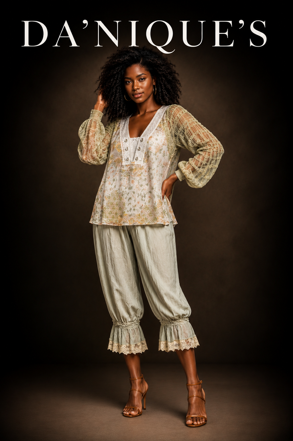 Woven Designed Top V-neck and Long Woven Bell Sleeves Sage