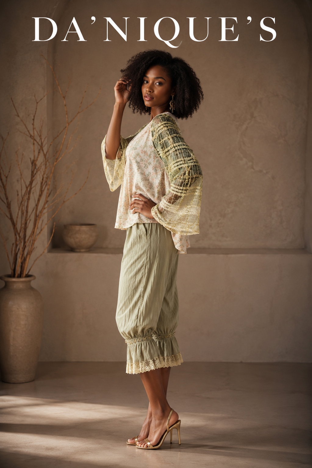 Woven Designed Top V-neck and Long Woven Bell Sleeves Sage